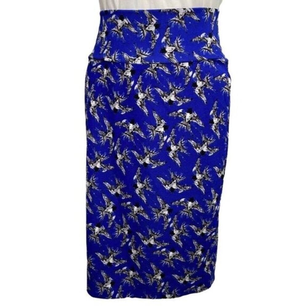 LuLaRoe Cassie Blue Black Gray‎ Bird Print Straight Pencil Skirt Sz Small